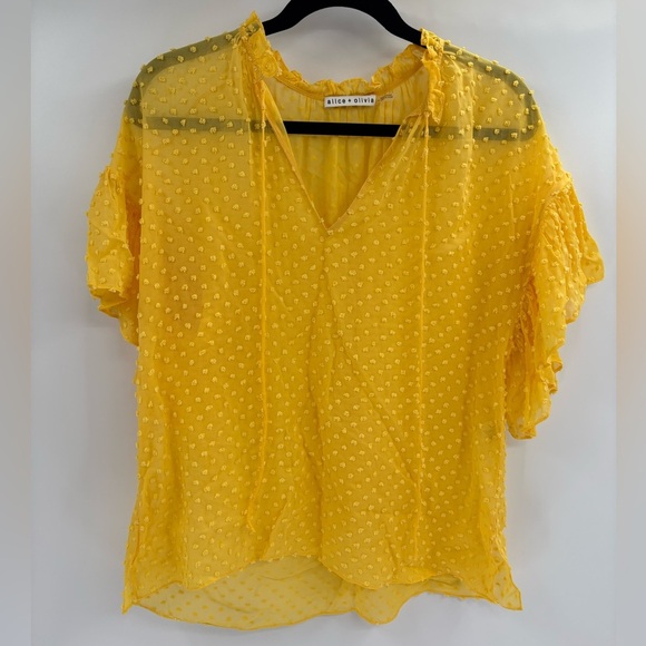 ALICE + OLIVIA Yellow Boho Short Swiss Dot Sleeve Julius Ruffle Sleeve Blouse S - Picture 1 of 15